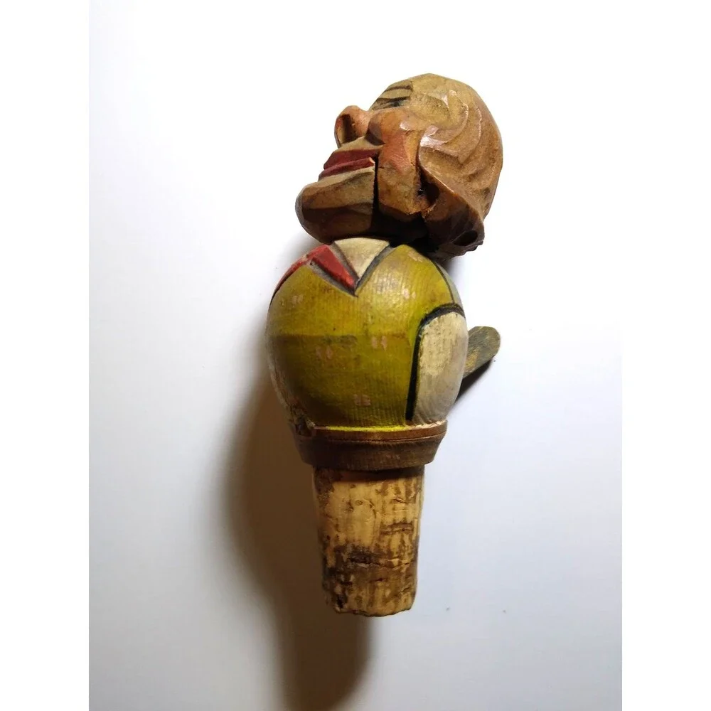 ANRI Big Smile Man Bottle Stopper Hand-Carved Painted Folk Art Mechanical